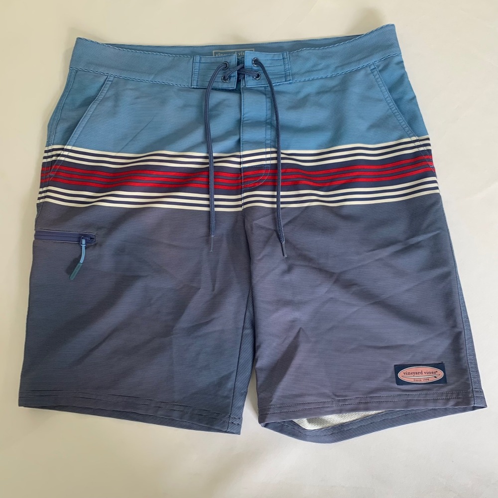 Vineyard Vines Board Shorts Men 32 Blue Striped Performance Stretch Surf Coastal